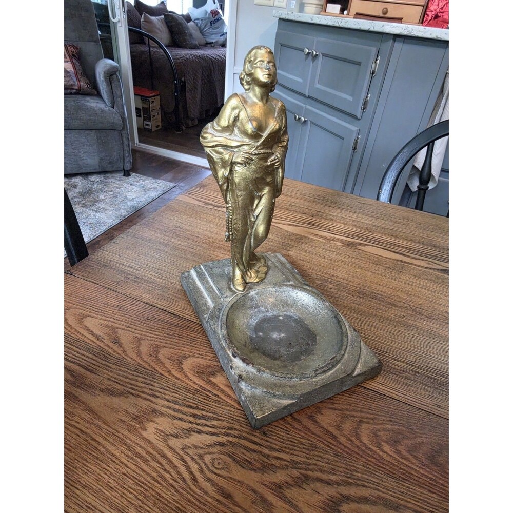 Art Deco Brass Flapper Woman Ashtray 1930 Marked Pat Pend